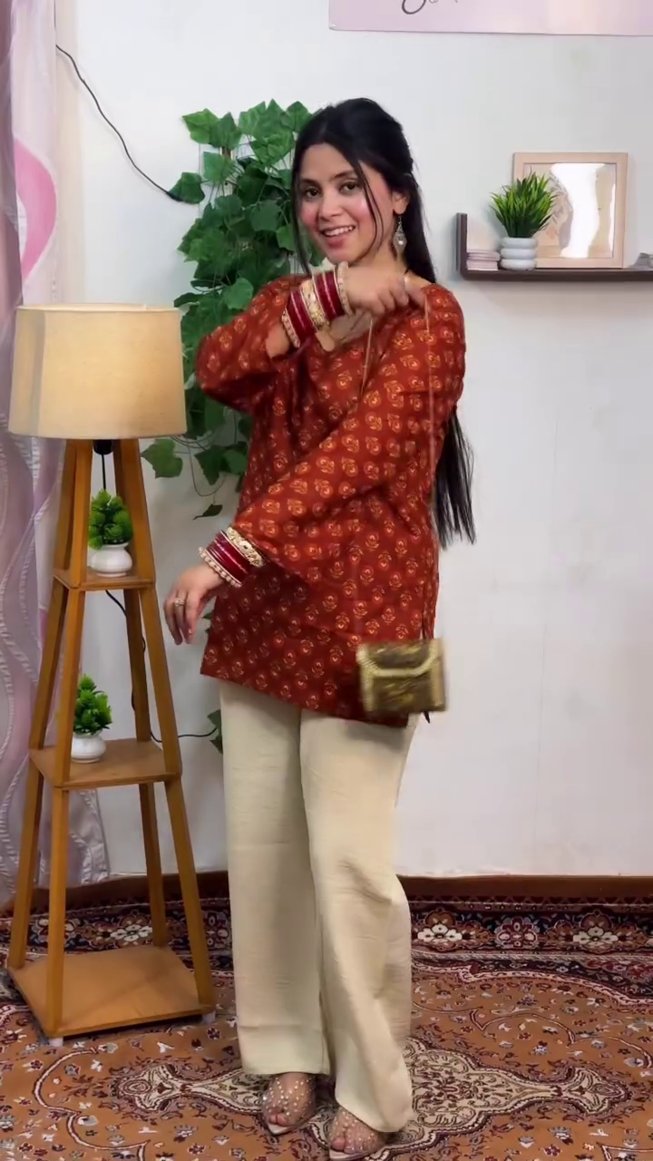Rust Charm Ethnic Co-Ord Set – Printed Kurti with Elegant Straight Palazzo Pants 🤎✨