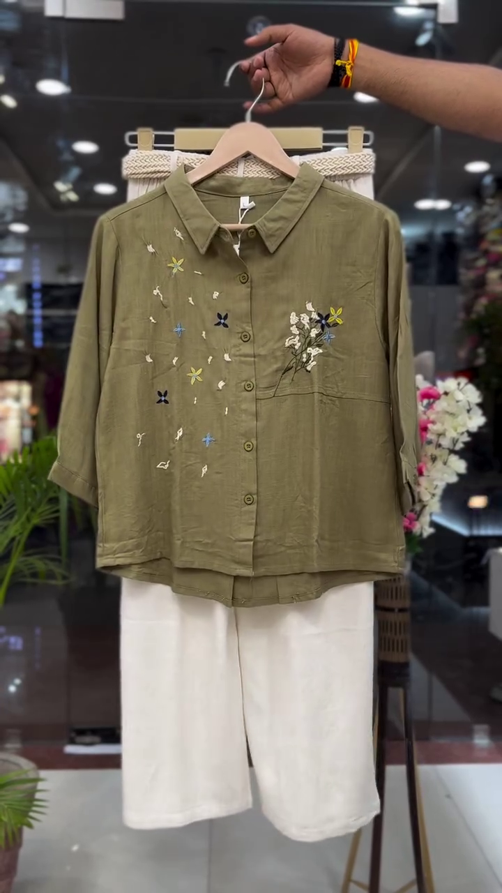 Olive Garden Embroidered Co-Ord Set – Floral Shirt Top with Relaxed Fit Pants 🌿✨