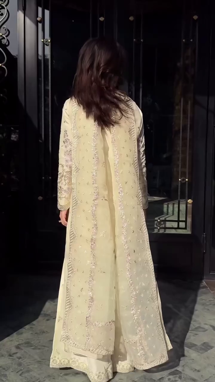 Champagne Aura Embroidered Palazzo Suit – Luxe Festive Statement ✨🤍👑