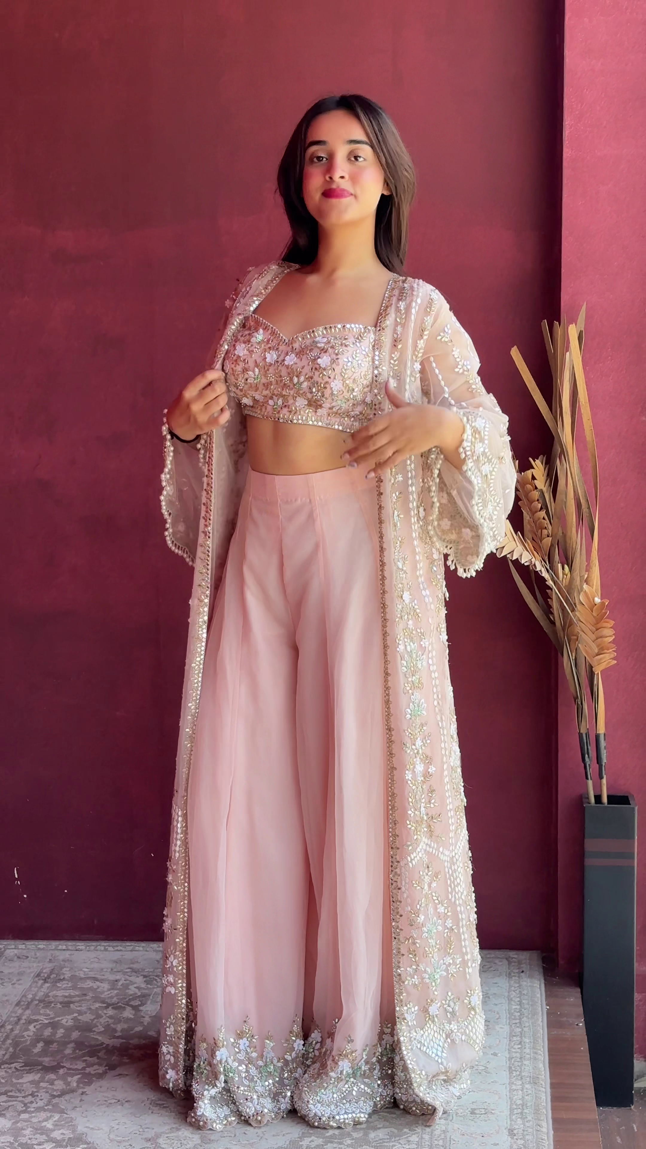 Blush Royale Embellished Indo-Western Palazzo Set – Soft Glam Statement 💖✨👑