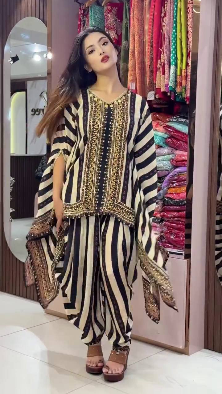 Midnight Ivory Striped Kaftan Co-Ord Set – Bold Ethnic Fusion Statement 🖤✨🤍