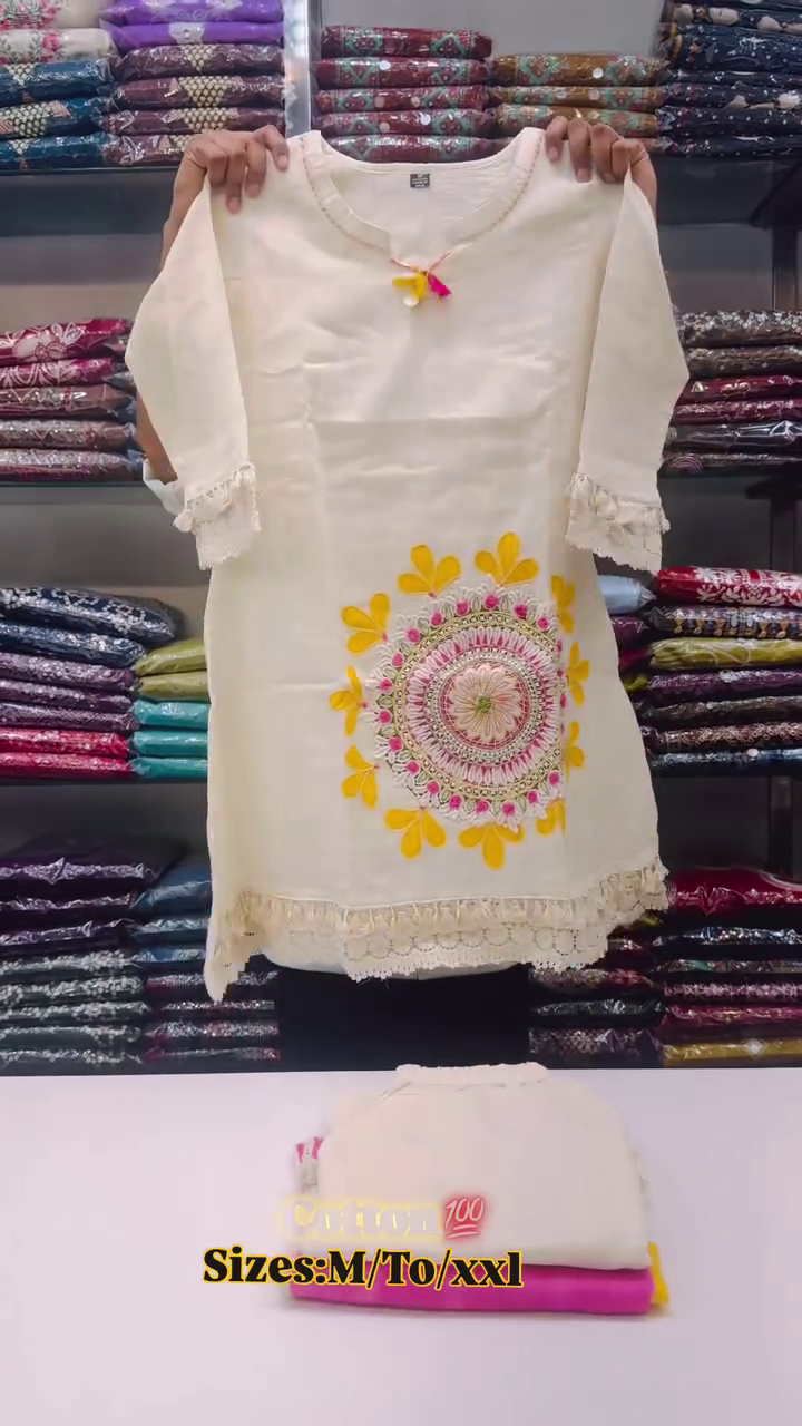 Sunshine Mandala Cotton Kurta & Lace Palazzo Set 🌼✨🤍