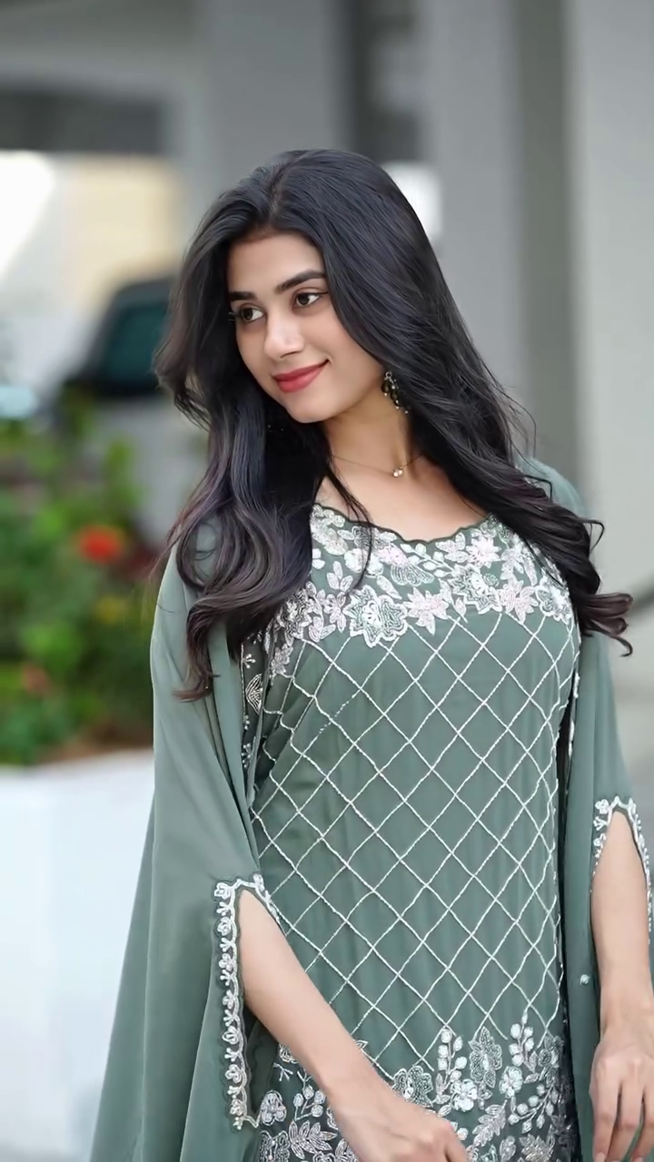 Sage Royale Embroidered Kurta Palazzo Set with Flowing Cape 💚✨🌿