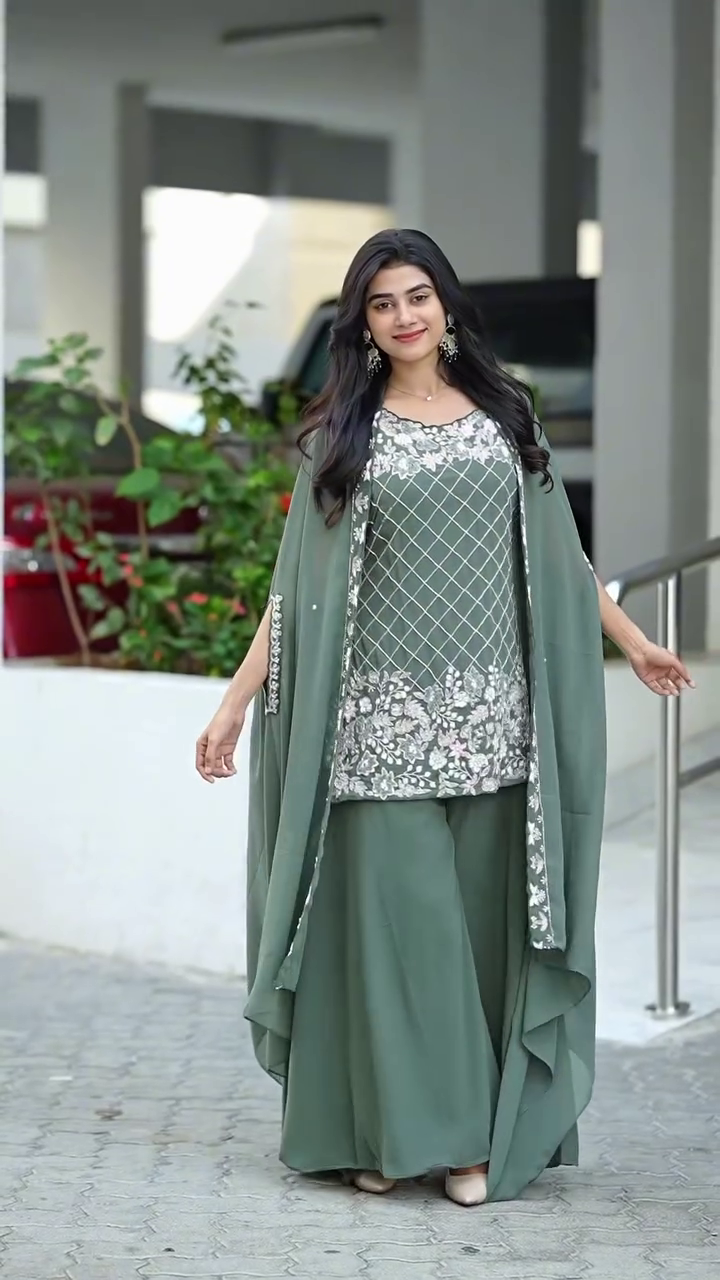 Sage Royale Embroidered Kurta Palazzo Set with Flowing Cape 💚✨🌿