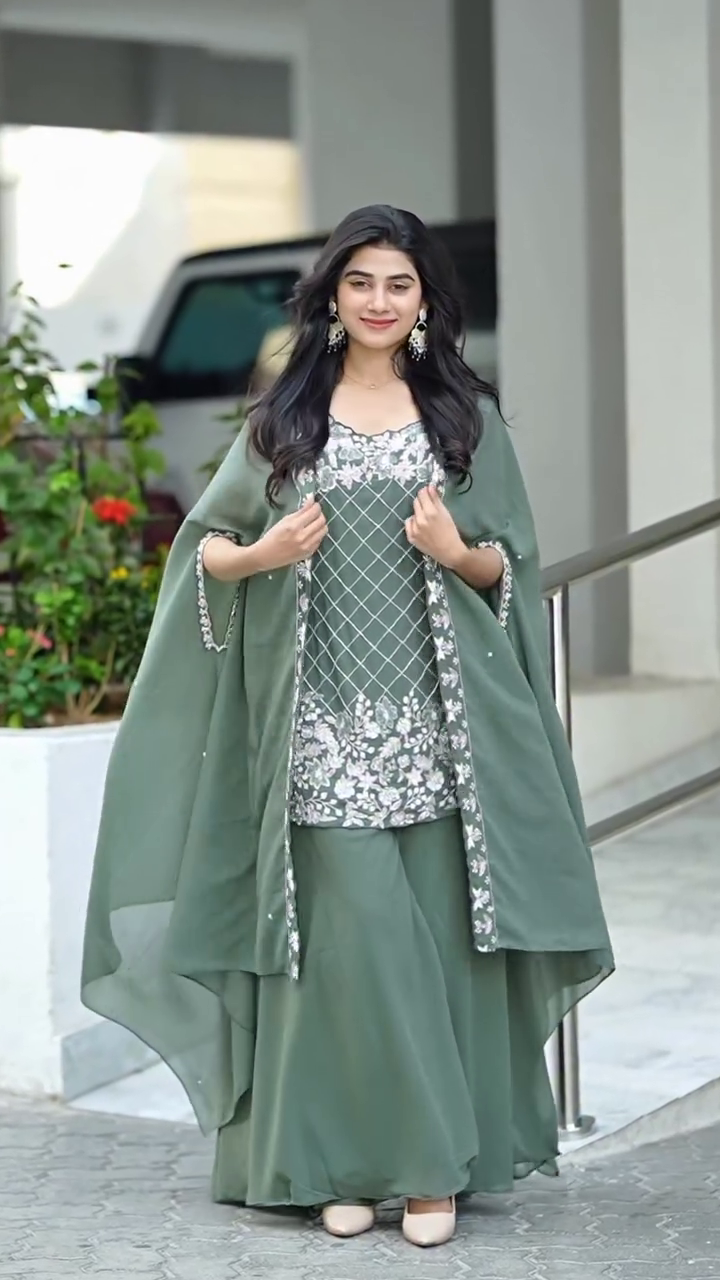 Sage Royale Embroidered Kurta Palazzo Set with Flowing Cape 💚✨🌿