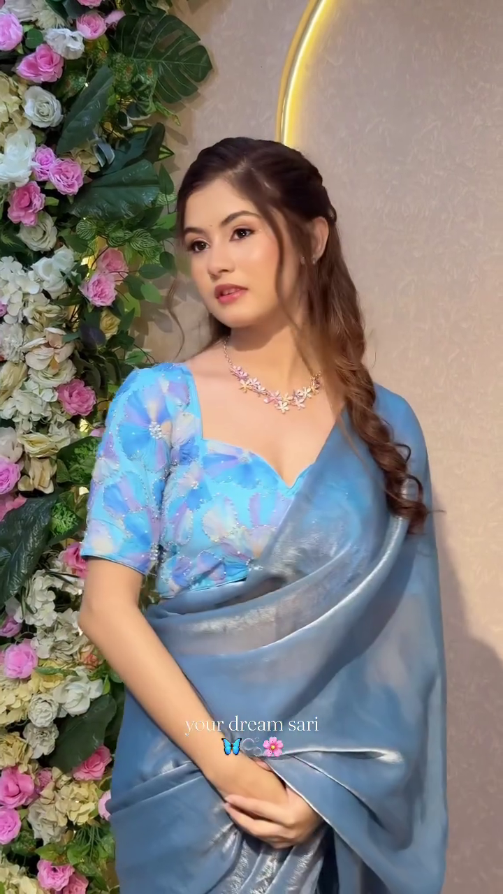 Ethereal Sky Bloom Designer Saree Set 💙🦋✨
