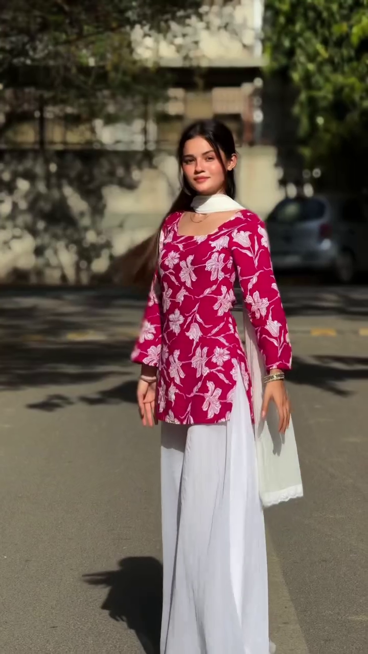 Blossom Charm Pink Floral Kurta Set with Flowing White Palazzo & Dupatta 🌸✨