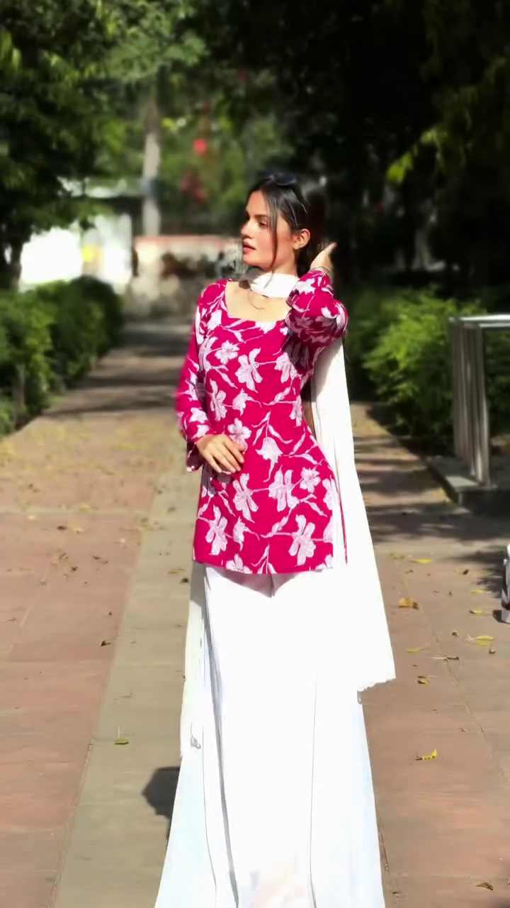 Blossom Charm Pink Floral Kurta Set with Flowing White Palazzo & Dupatta 🌸✨