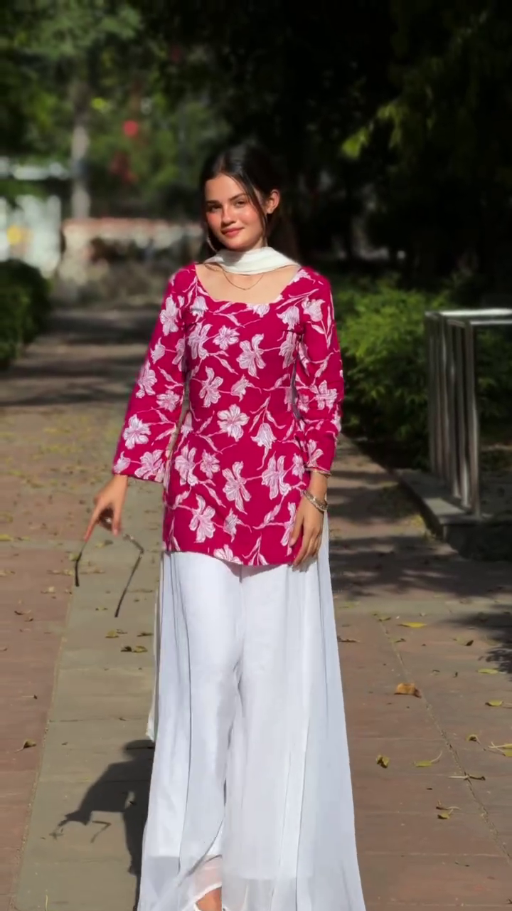 Blossom Charm Pink Floral Kurta Set with Flowing White Palazzo & Dupatta 🌸✨