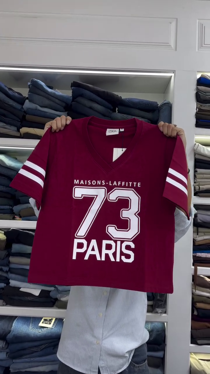 Sky Blue Paris 73 Varsity V-Neck Tee – Sporty Chic Everyday Essential 💙✨