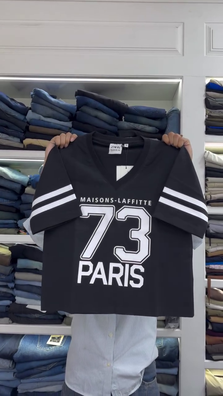Sky Blue Paris 73 Varsity V-Neck Tee – Sporty Chic Everyday Essential 💙✨