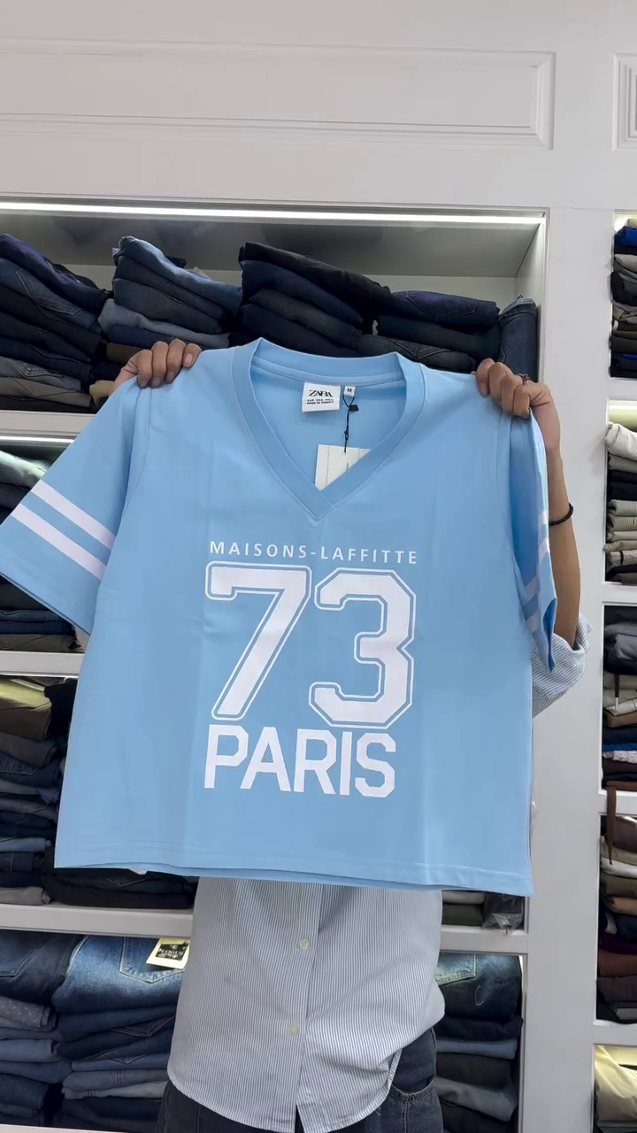 Sky Blue Paris 73 Varsity V-Neck Tee – Sporty Chic Everyday Essential 💙✨