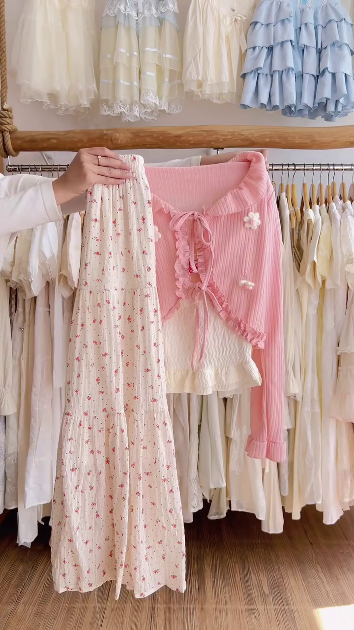 Blush Fairy 3-Piece Co-Ord Set – Floral Maxi Skirt, Ribbed Tie-Front Cardigan & Soft Crop Top 🌸💖✨