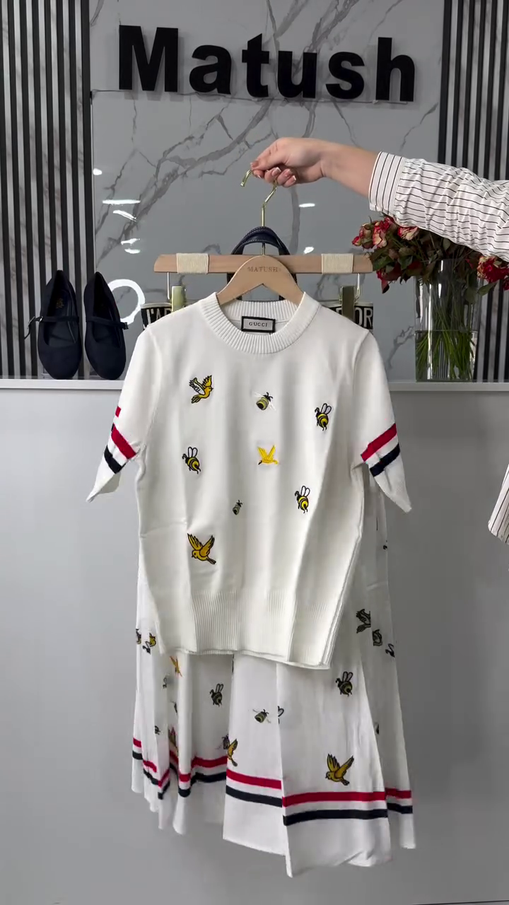 Ivory Buzz Embroidered Co-Ord Set – Playful Luxe Knit Top with Flowy Skirt 🤍🐝✨