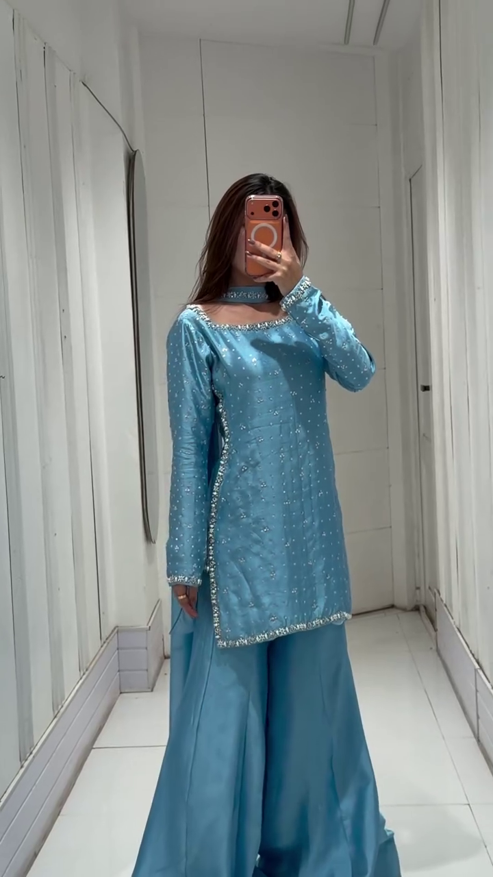 Ice Blue Regal Sharara Set with Embellished Kurta & Flowing Dupatta 💙✨👑