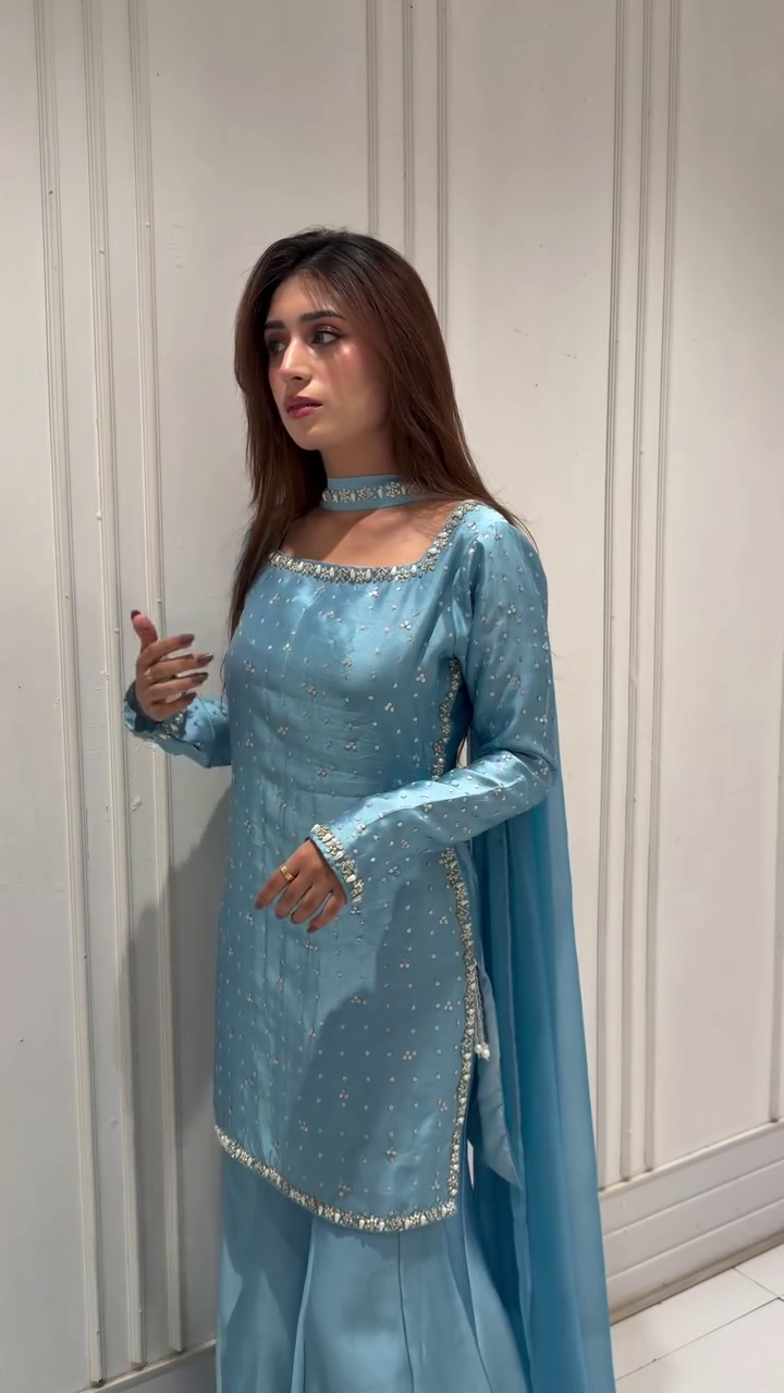 Ice Blue Regal Sharara Set with Embellished Kurta & Flowing Dupatta 💙✨👑