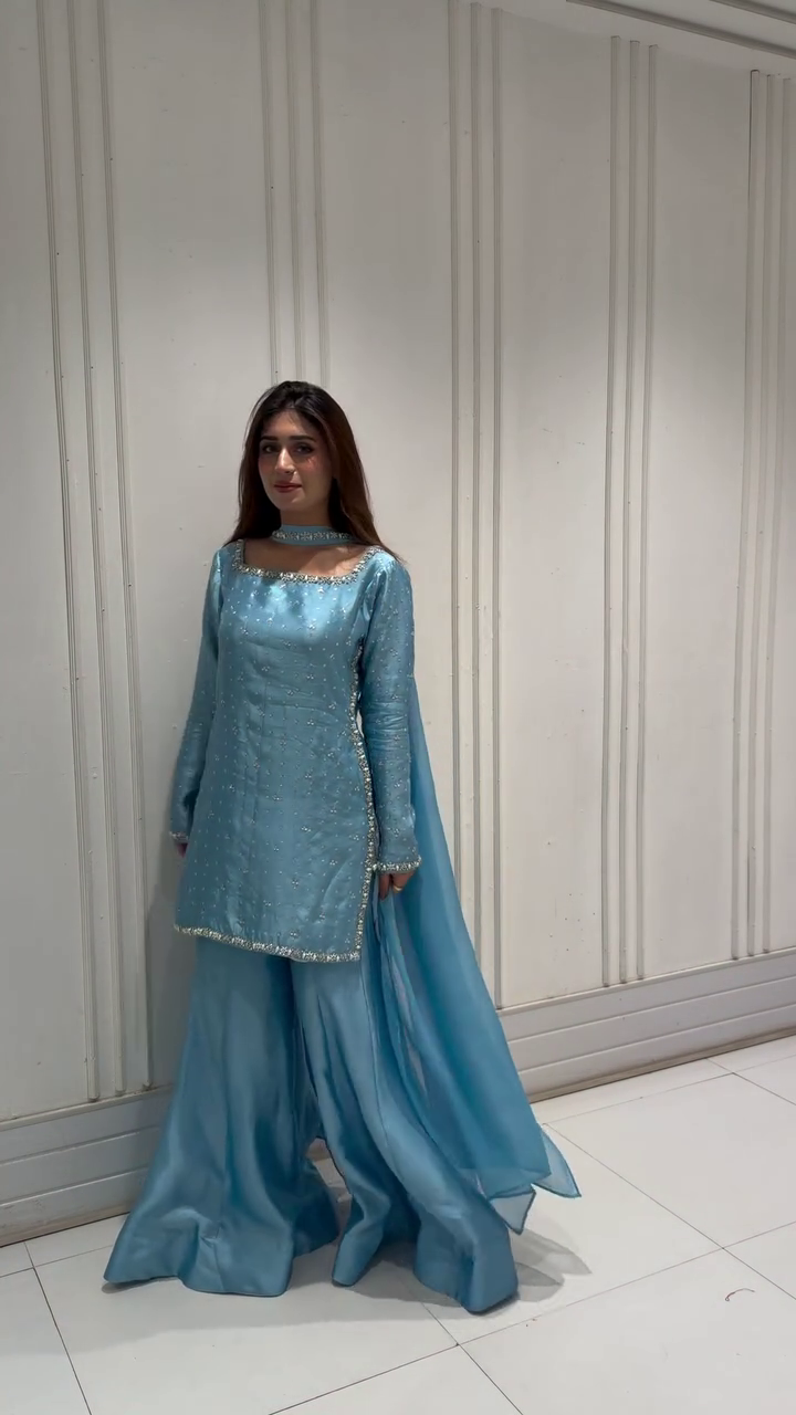 Ice Blue Regal Sharara Set with Embellished Kurta & Flowing Dupatta 💙✨👑