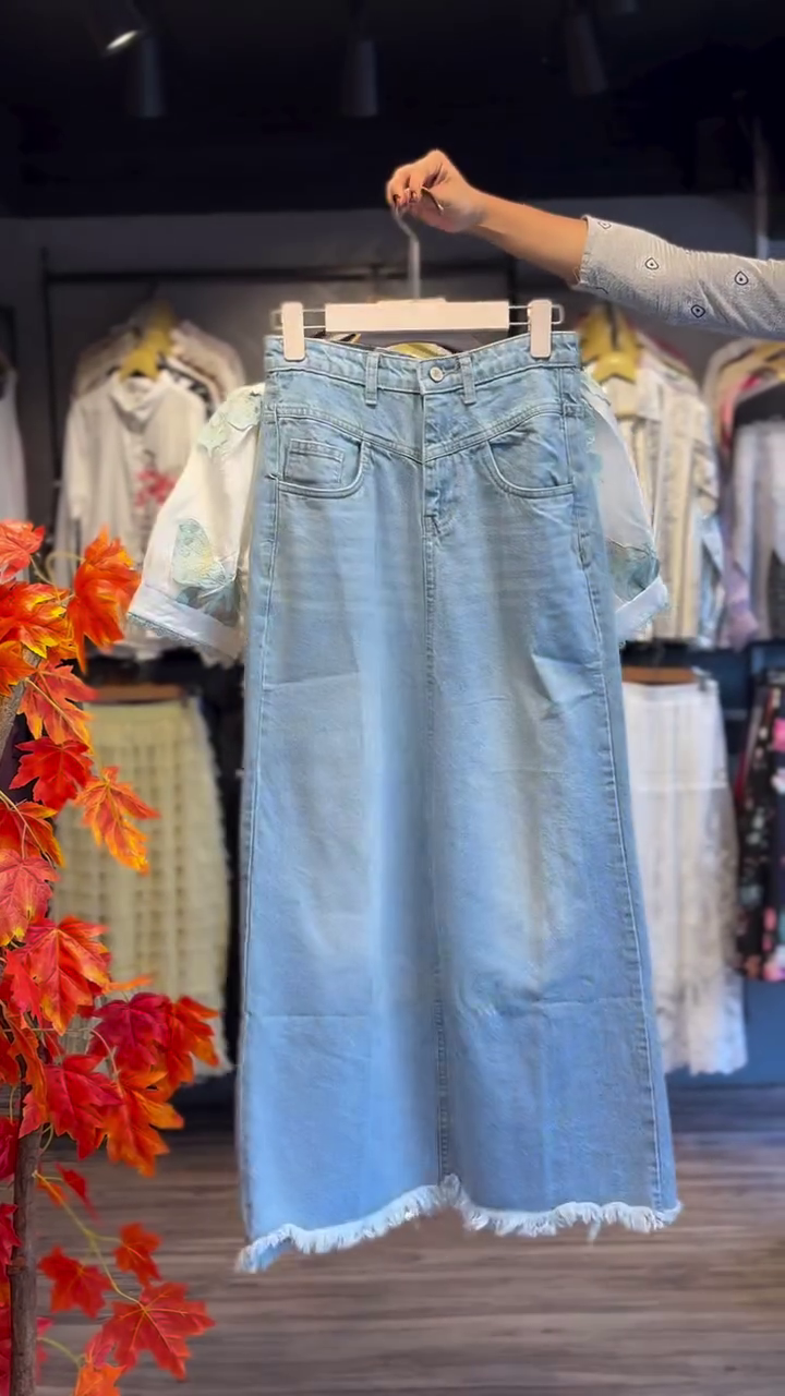 Butterfly Bliss Satin Top & Denim Skirt Co-Ord Set – Soft Aesthetic Chic 🦋💙✨