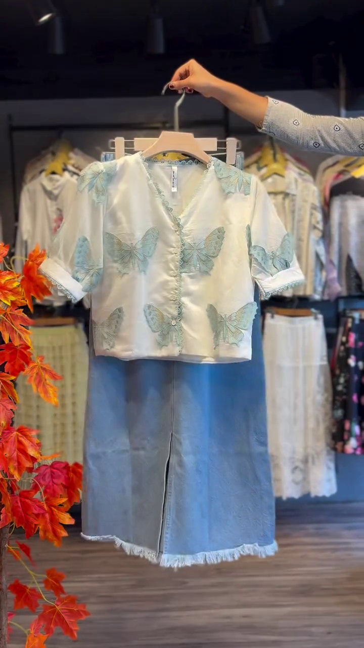 Butterfly Bliss Satin Top & Denim Skirt Co-Ord Set – Soft Aesthetic Chic 🦋💙✨