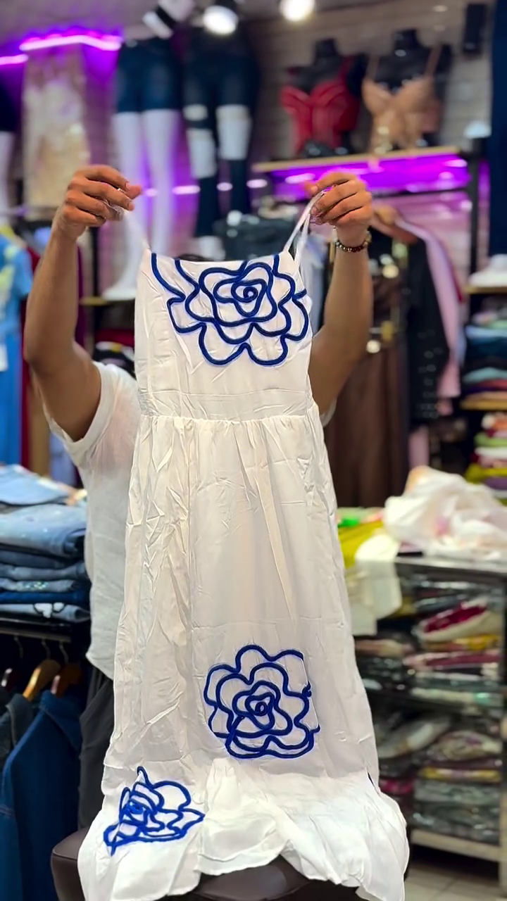 Elegant White & Blue Floral Embroidered Maxi Dress – Soft Summer Grace 🤍💙🌸