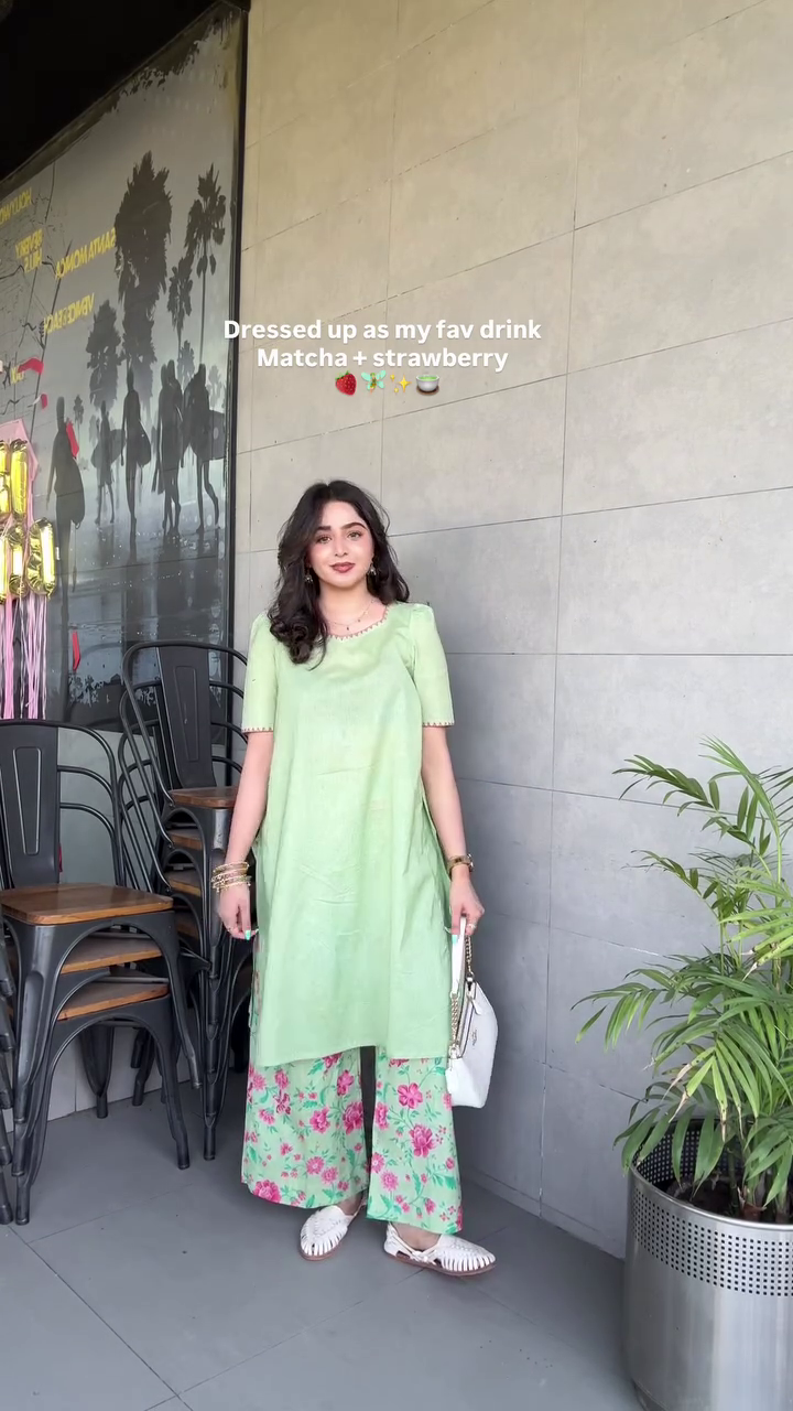 Matcha Strawberry Fusion Kurti Set – Fresh Pastel Vibes 🍵🍓💚✨