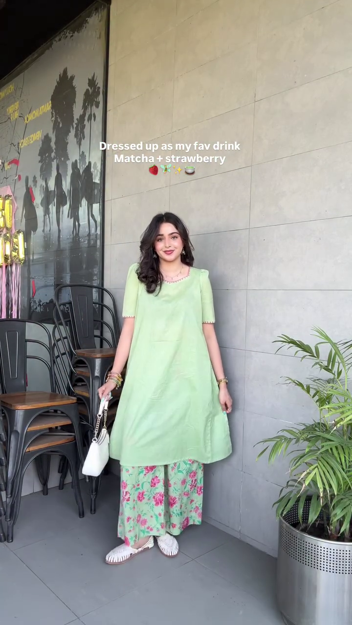 Matcha Strawberry Fusion Kurti Set – Fresh Pastel Vibes 🍵🍓💚✨