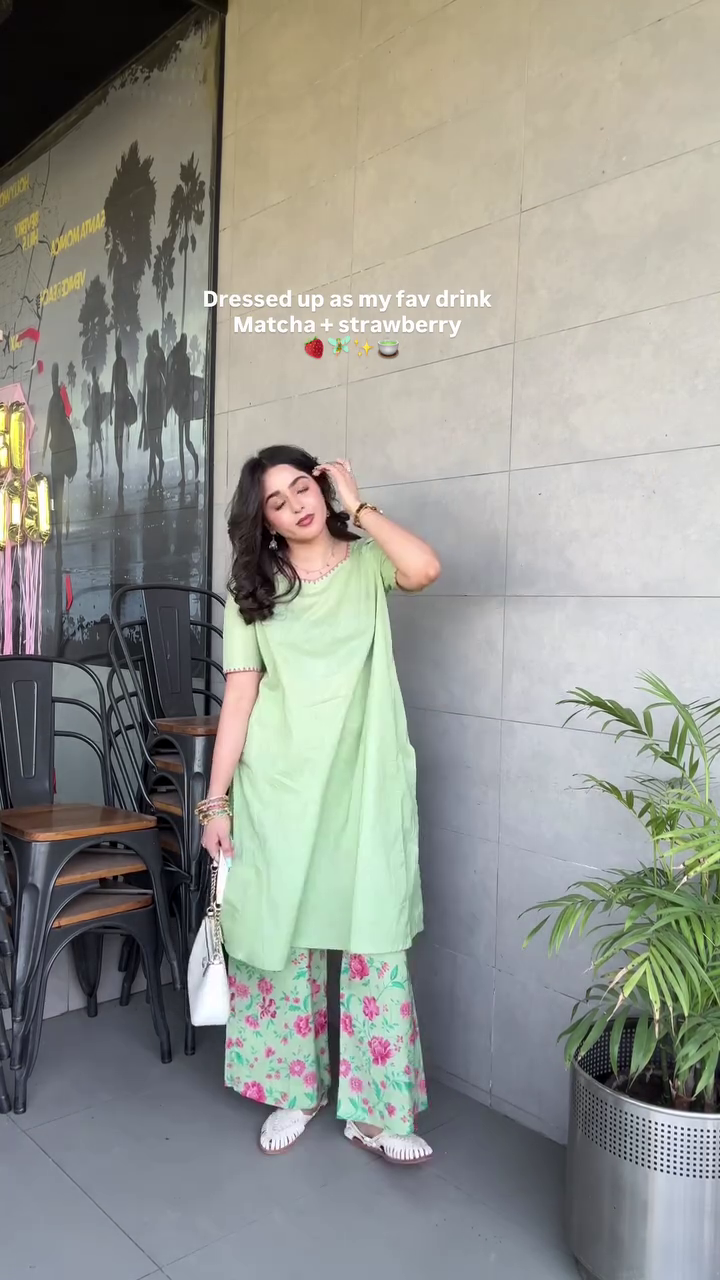Matcha Strawberry Fusion Kurti Set – Fresh Pastel Vibes 🍵🍓💚✨