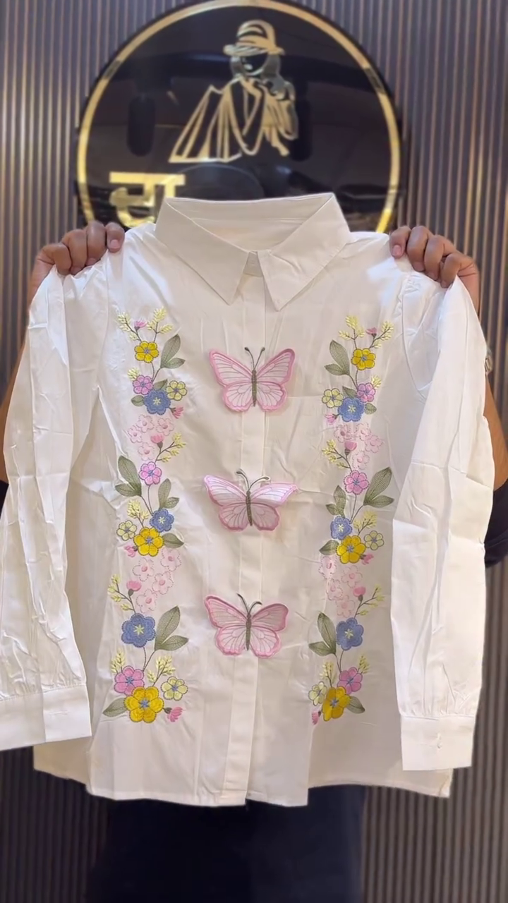 Butterfly Bloom Embroidered Shirt – Whimsical Chic Elegance 🦋🌸🤍✨