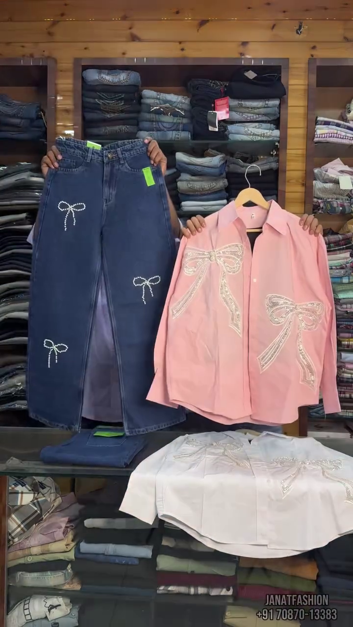 Chic Bow Detail Denim & Shirt Combo – Trendy Statement Co-Ord Set 🎀👖🤍✨