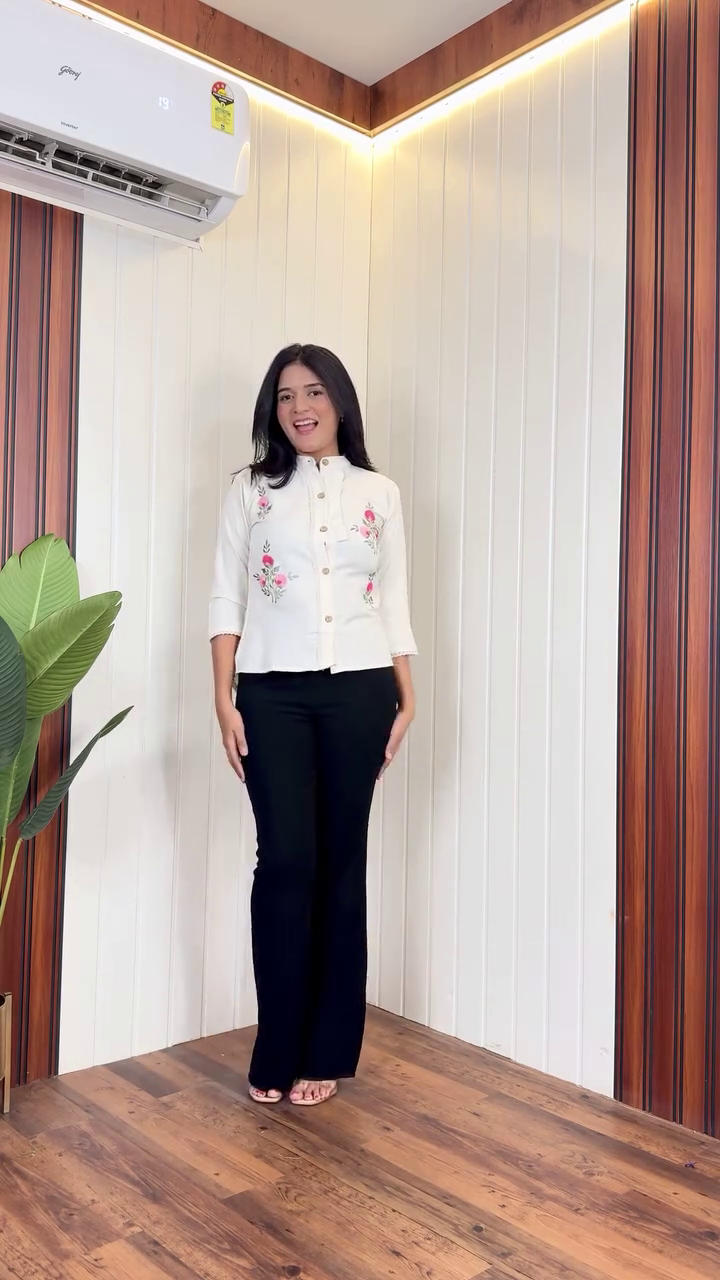 Elegant Blossom Embroidered Chic Shirt – Minimal Grace with Floral Charm 🌸🤍✨