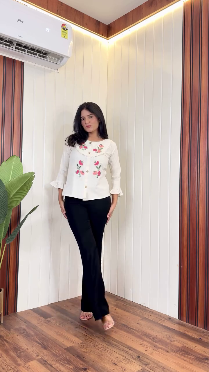 Elegant Blossom Embroidered Chic Shirt – Minimal Grace with Floral Charm 🌸🤍✨