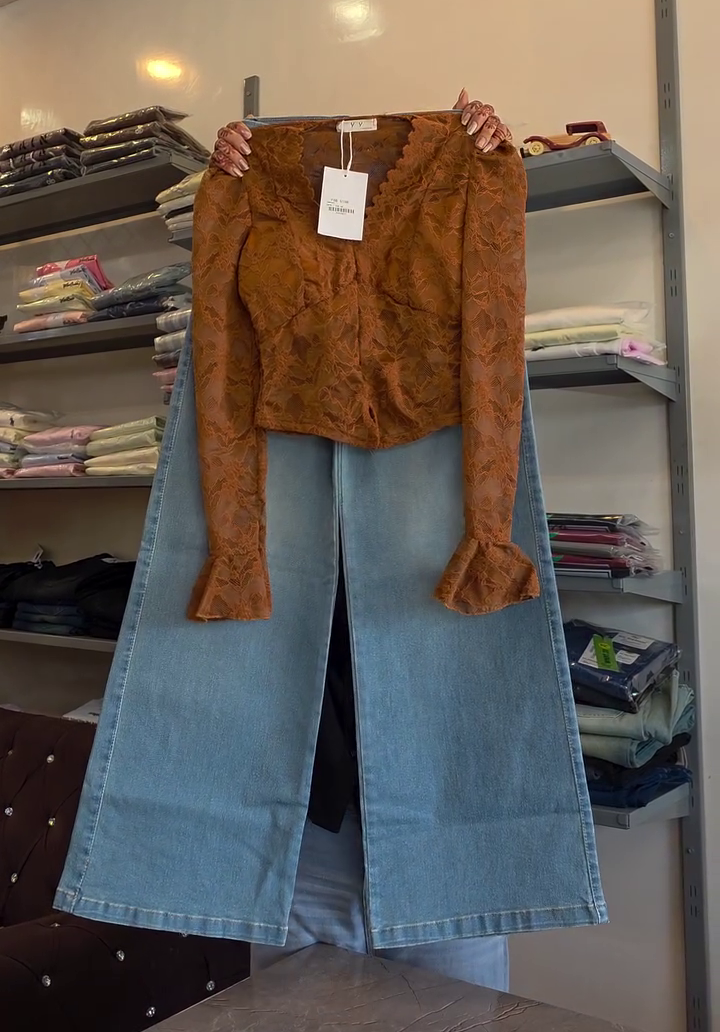 Vintage Mocha Lace Top & Denim Midi Skirt Co-Ord – Elegant Street Chic Set 🤎👗✨