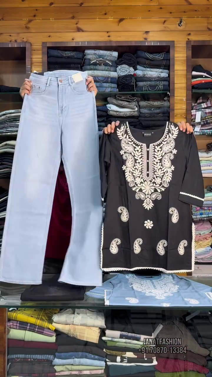Embroidered Kurti with Classic Black Pants Set 💙✨🖤