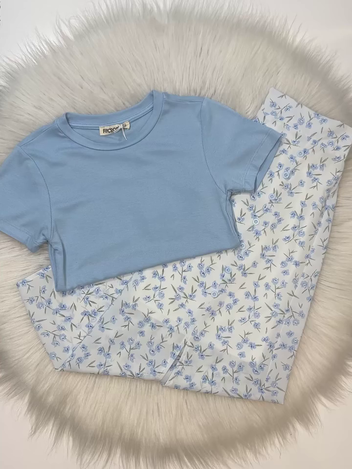 🩵✨ Sky Blossom Casual Top & Floral Skirt Set ✨🌸