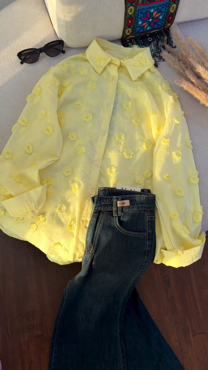 🌼✨ Sunshine Bloom Embroidered Shirt & Denim Style Set ✨💙