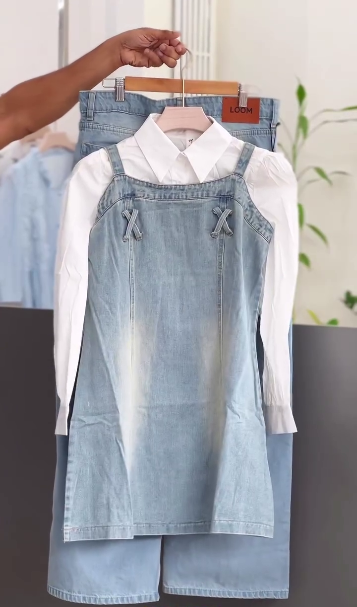 💙✨ Classic Denim Layered Shirt Dress & Wide-Leg Jeans Set ✨🤍