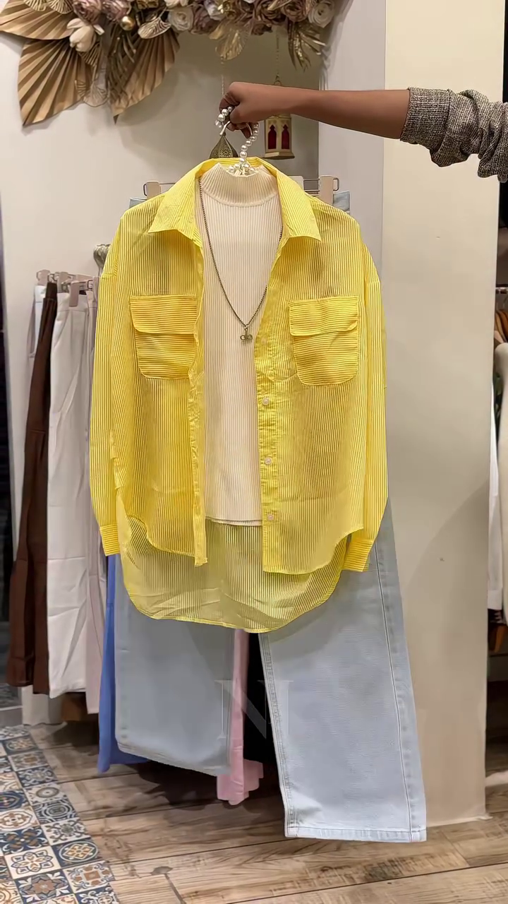 💛🌼  Luxury Three-Piece Casual Chic Layered Outfit Set with Striped Overshirt, Ribbed Inner Top & Wide-Leg Denim Pants 🌼💛✨