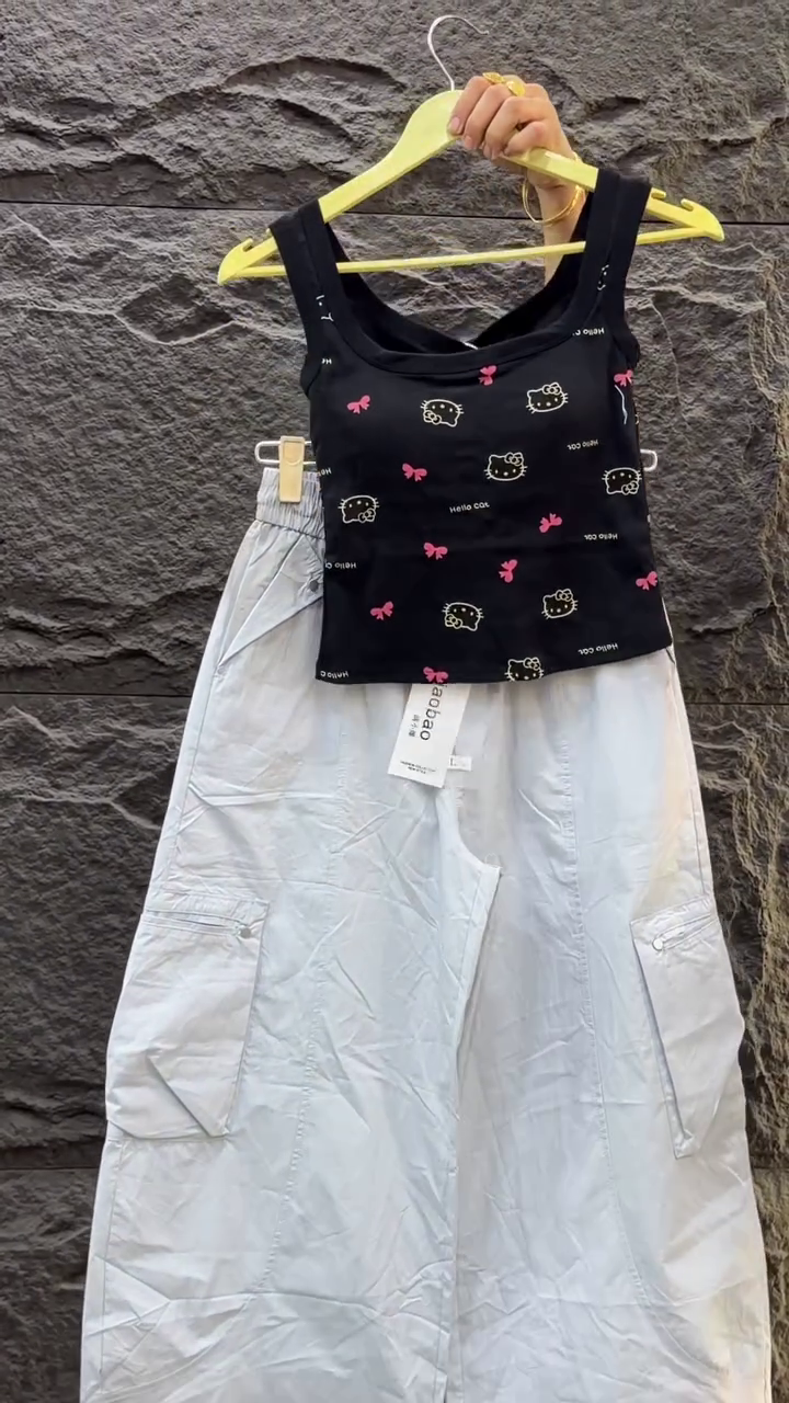 🖤🎀 Cute Cartoon Print Sleeveless Crop Tank Top & High-Waisted Utility Cargo Maxi Skirt Trendy Streetwear Fashion Co-Ord Set 🎀🖤✨