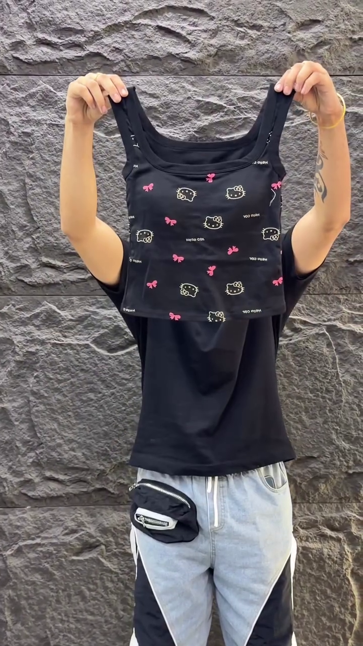 🖤🎀 Cute Cartoon Print Sleeveless Crop Tank Top & High-Waisted Utility Cargo Maxi Skirt Trendy Streetwear Fashion Co-Ord Set 🎀🖤✨