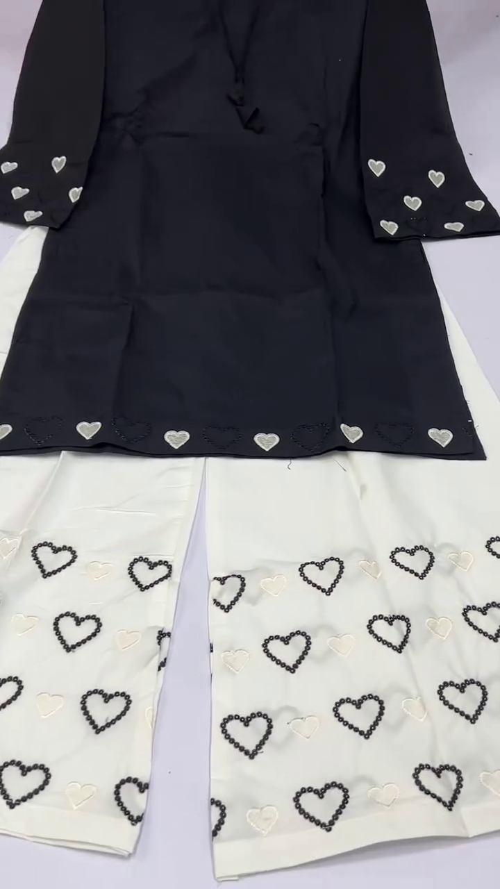 Charming Black & White Heart Embroidered Kurta with Printed Palazzo Pants Ethnic Co-Ord Set 🖤🤍💖✨