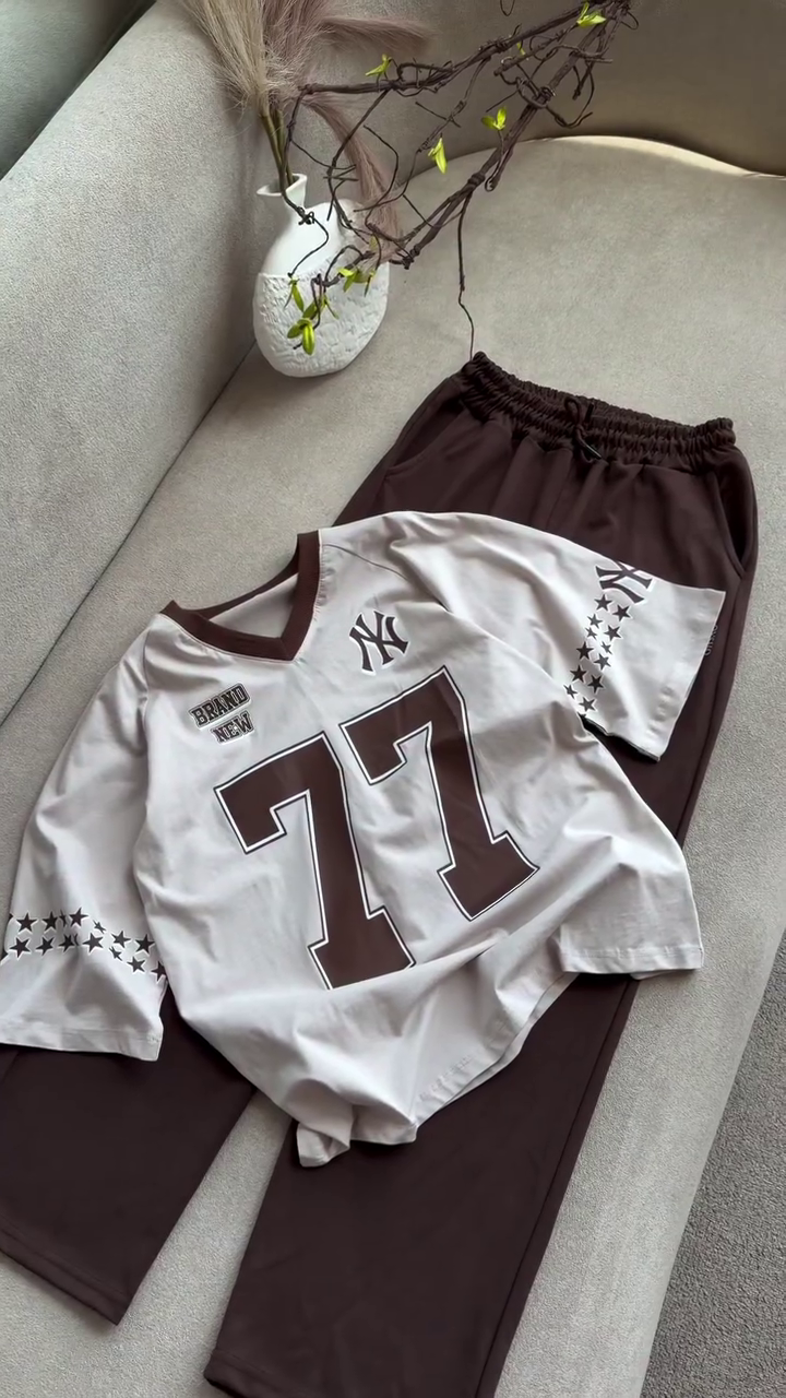 Premium Vintage Athletic Number Print Oversized T-Shirt & Relaxed Fit Wide-Leg Lounge Pants Co-Ord Set 🤎🤍✨🏆
