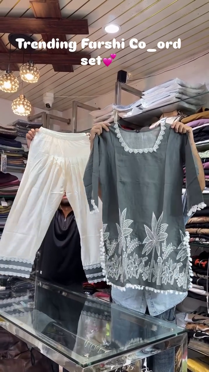Elegant Floral Embroidered Lace Neck Kurti with Designer Palazzo Pants Ethnic Co-Ord Set 🌿🤍✨🌸