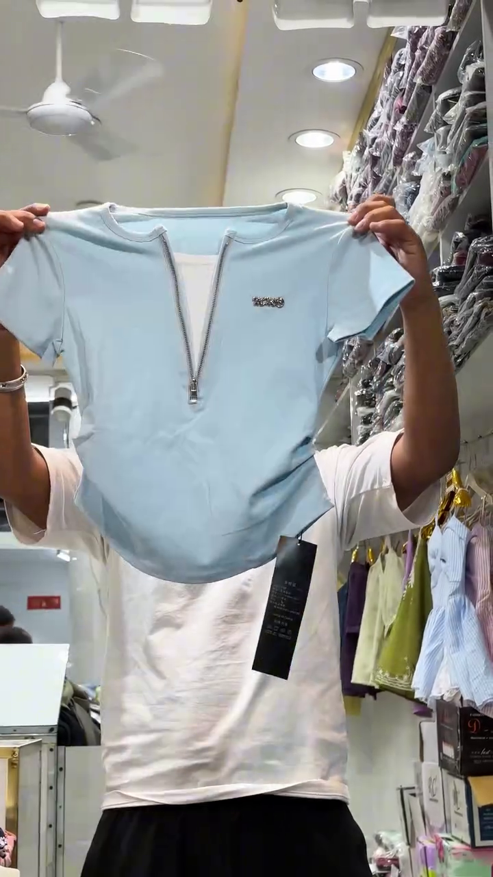 Premium Sky Blue Half-Zip Slim Fit Casual Stretch Top for Everyday Fashion 💙✨🌸