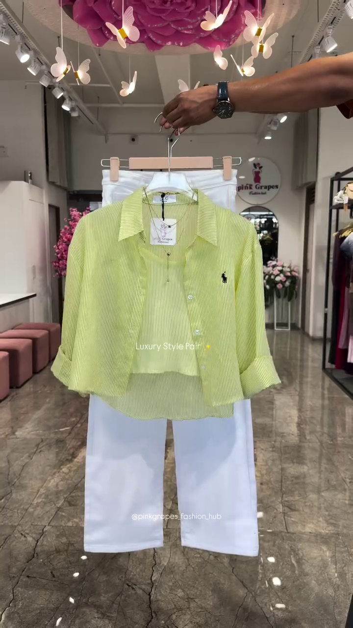 Luxury Layered Stripe Shirt, Inner Camisole & Straight Fit White Denim Style Pants Three-Piece Fashion Set 🍑🤍✨🌸