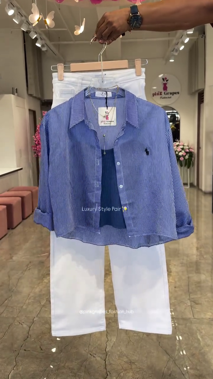 Luxury Layered Stripe Shirt, Inner Camisole & Straight Fit White Denim Style Pants Three-Piece Fashion Set 🍑🤍✨🌸
