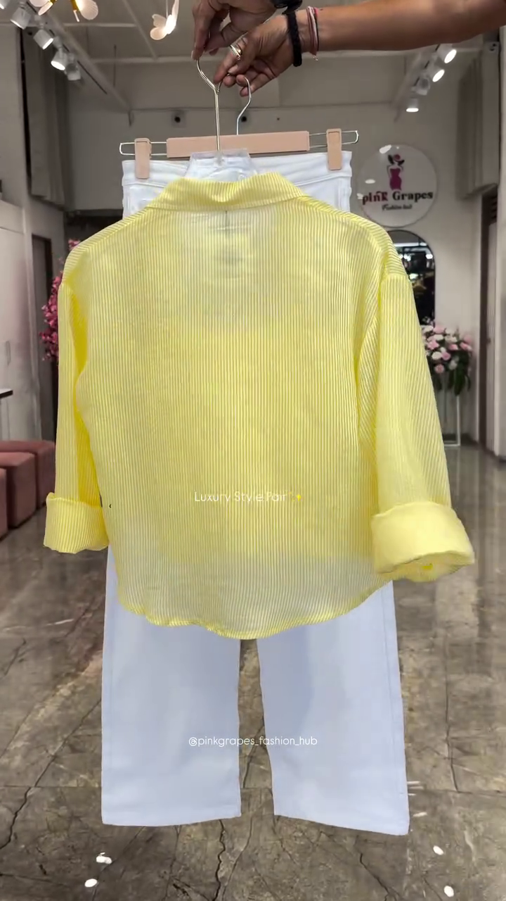 Luxury Layered Stripe Shirt, Inner Camisole & Straight Fit White Denim Style Pants Three-Piece Fashion Set 🍑🤍✨🌸