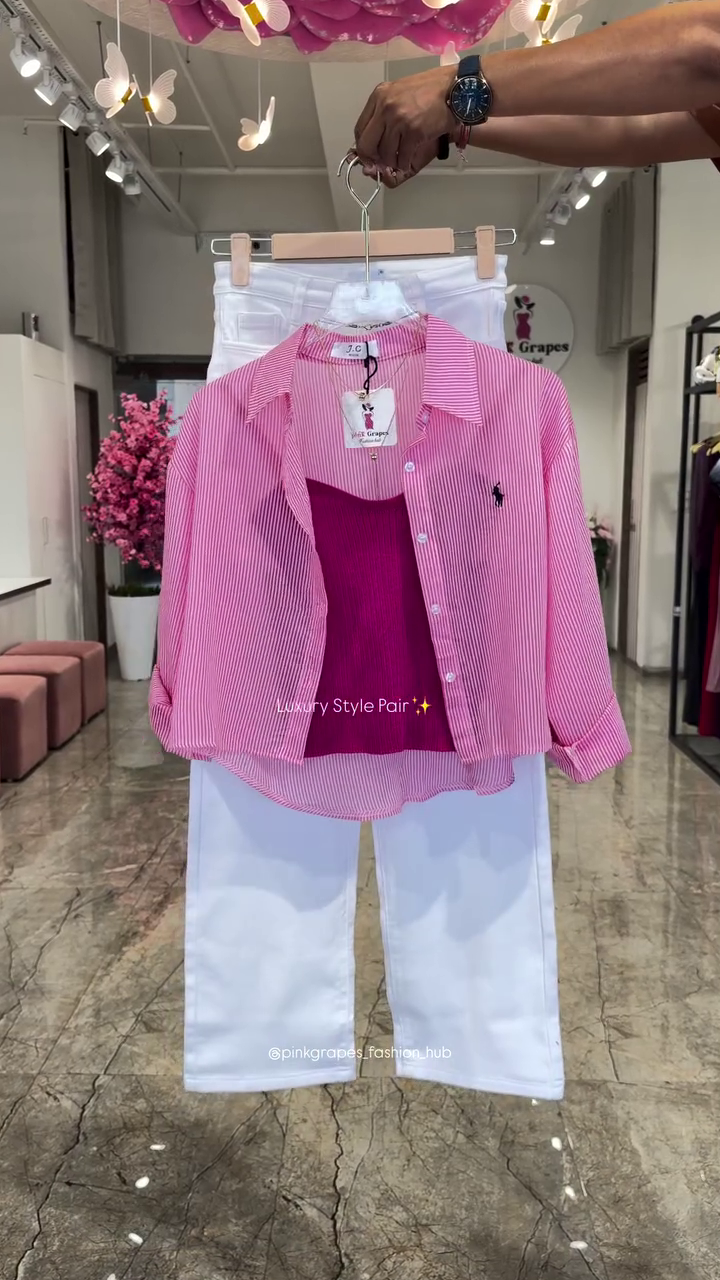 Luxury Layered Stripe Shirt, Inner Camisole & Straight Fit White Denim Style Pants Three-Piece Fashion Set 🍑🤍✨🌸