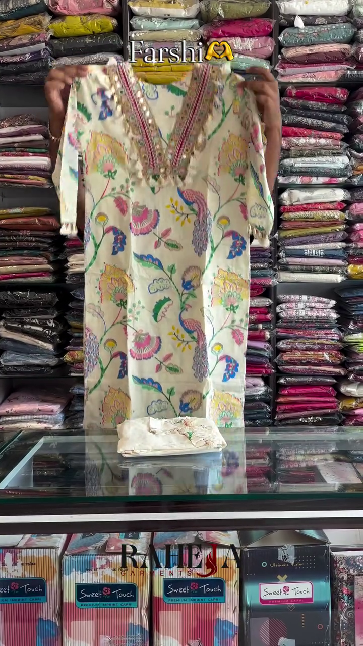 Premium Floral Printed Embroidered Ethnic Kurti with Matching Bottom & Dupatta Inspired Three-Piece Traditional Set 🌸✨🤍
