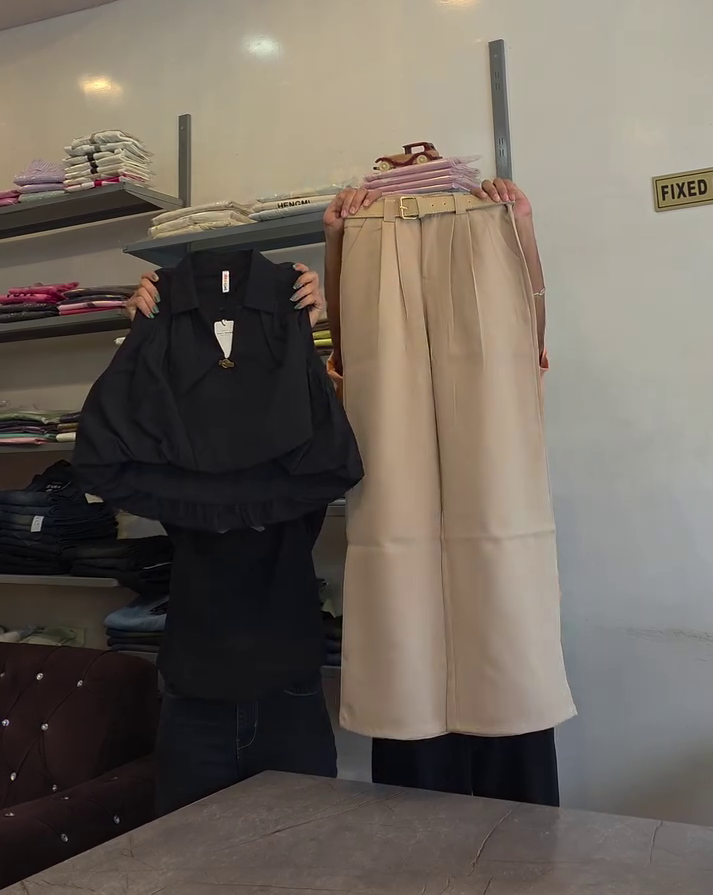 🖤🤍 Premium Women's Puff Sleeve Crop Shirt with High Waist Wide Leg Palazzo Pants Co-Ord Set | Smart Casual Office & Party Wear Outfit