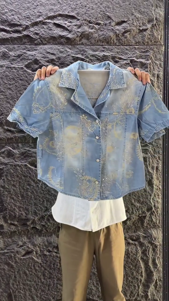 💙✨ Premium Women's Glitter Print Denim Shirt Jacket with Flowy Layered Mesh Skirt Co-Ord Set | Chic Casual Party & Vacation Outfit